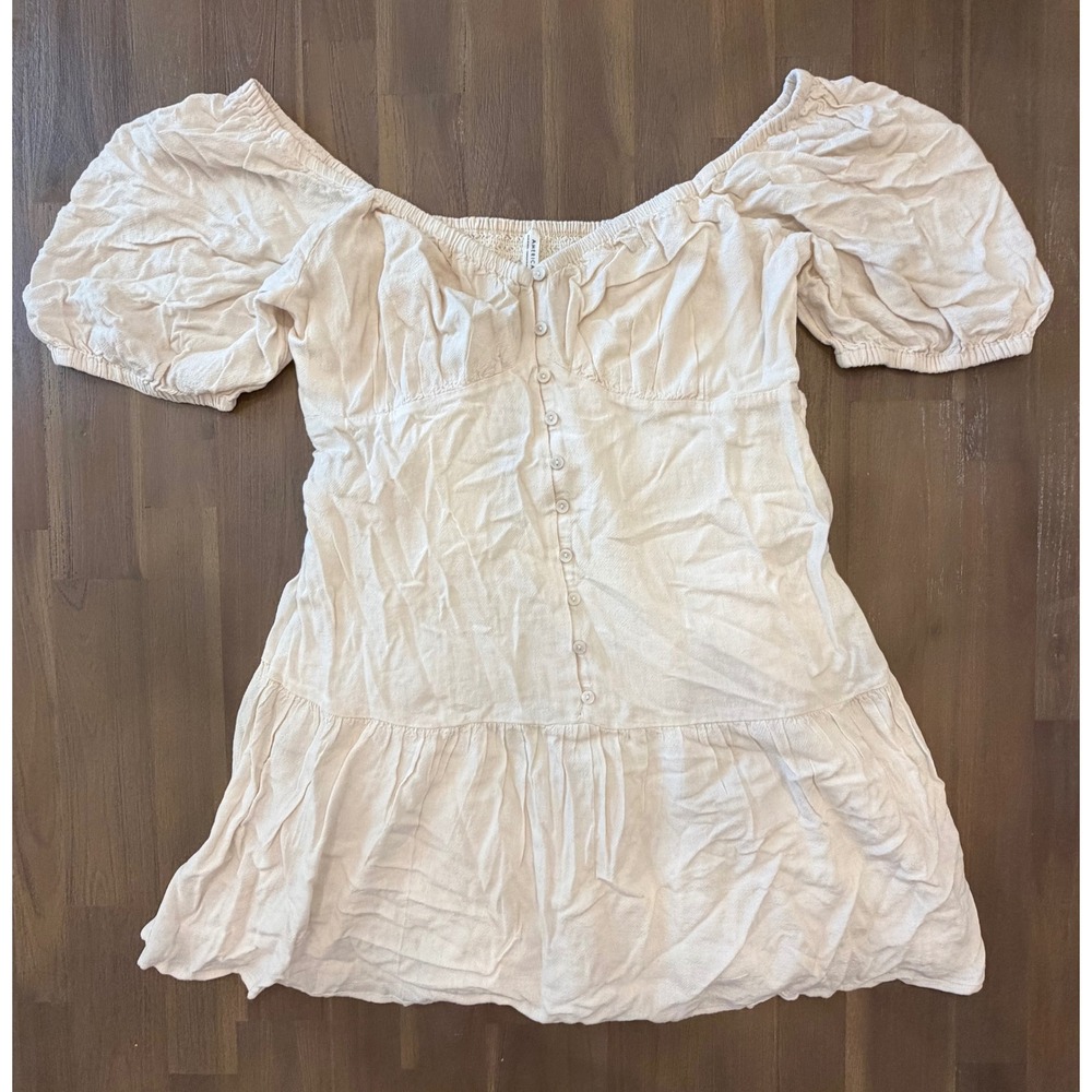 American Eagle Cream Linen Blend Puff Sleeve Button Front Mini Dress Large NWT